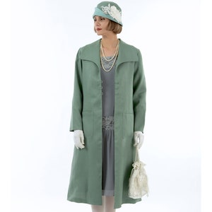 Ropa de día de verano de los años 20, abrigo de lino Gatsby en verde apagado, chaqueta estilo flapper