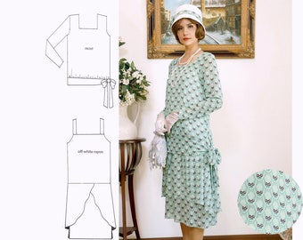 1920s two-piece outfit in printed green chiffon, Great Gatsby summer party dress, flapper day dress, 1920s party dress, green 1920s costume