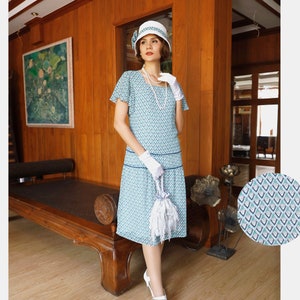 Light blue chiffon dress with deco print, flutter sleeves, light blue 1920s day dress, flapper party dress with short sleeves, 1920s daywear