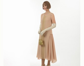 Robe de soirée formelle marron clair Great Gatsby avec insert en dentelle, mode des années 1920, robe de reproduction brune des années 1920