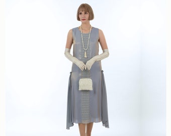 Robe de soirée Jazz Age gris métallisé, robe formelle Great Gatsby des années 20, robe de soirée grise, robe de reproduction des années 1920