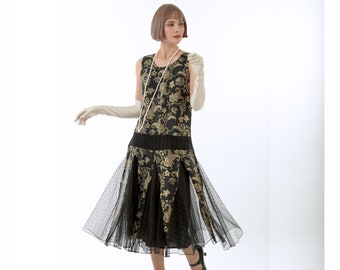 1920s formal dress in black and gold with zig zag details, Great Gatsby evening dress, La Vie Delight 1920s formal evening wear for women