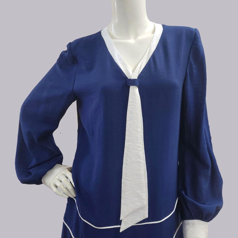 1920s Style Dress Nautical Vibe– Solid Blue Rayon Blend with White Piping, Drop Waist Midi, Long Sleeves & Necktie image 4