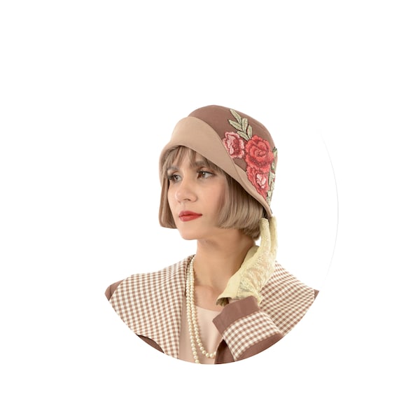 2-tone brown Great Gatsby cloche hat, 1920s linen cloche hat, summer hat, 1920s tea party hat, brown Downton Abbey hat, 1920s reproduction