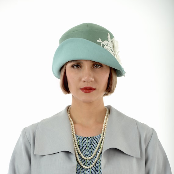 1920s-inspired Linen Cloche Hat in Muted Green and Pastel Blue 