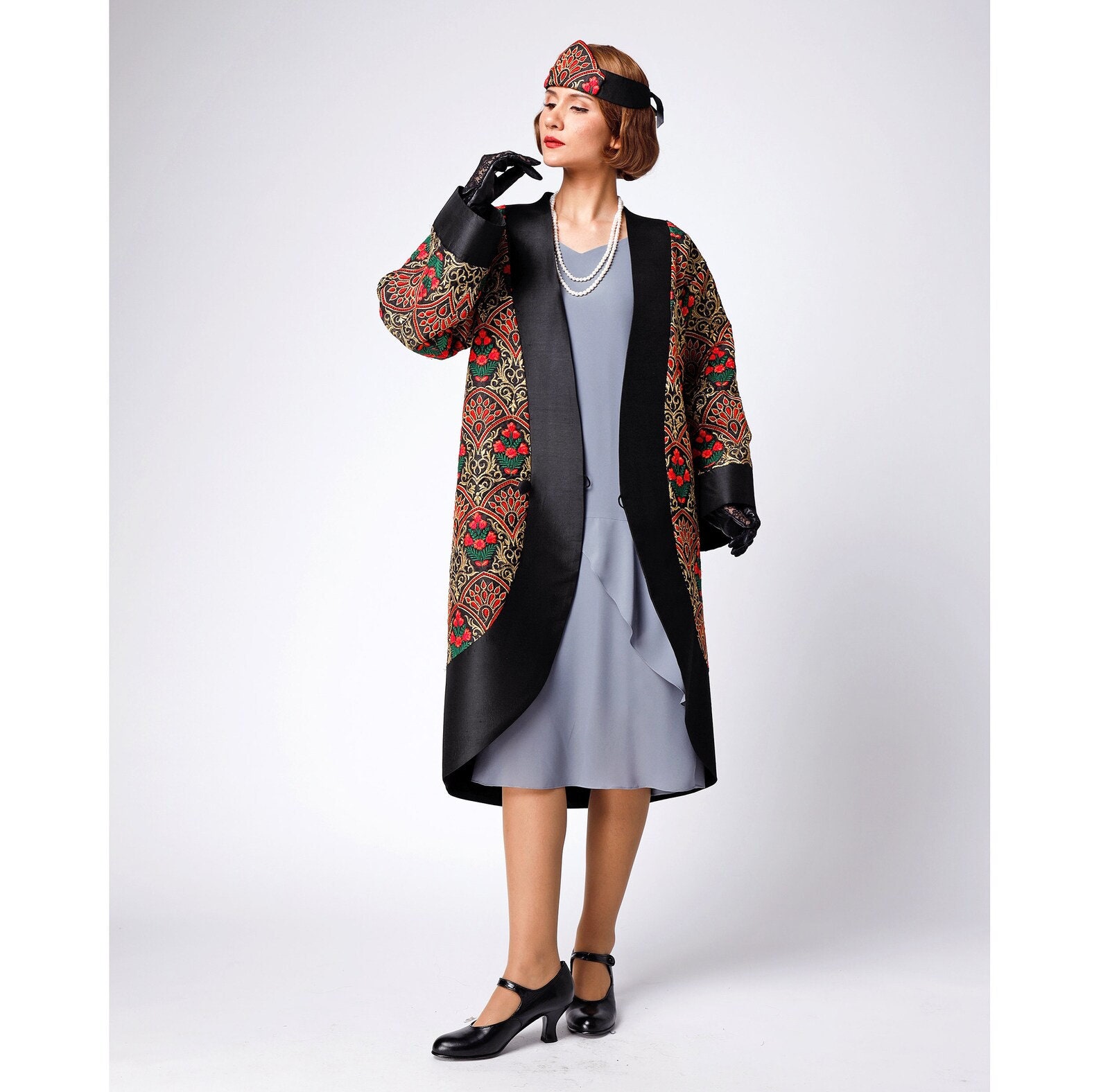 Size M - Black 1920s Embroidered Silk Art Deco Coat, 20s Great Gatsby ...