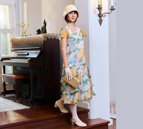 Multicolored Floral Silk Chiffon Dress, Tiered Skirt, Flutter Sleeves,  1920s Garden Party Dress, Gatsby Day Dress, Downton Abbey Tea Dress - Etsy  Ireland
