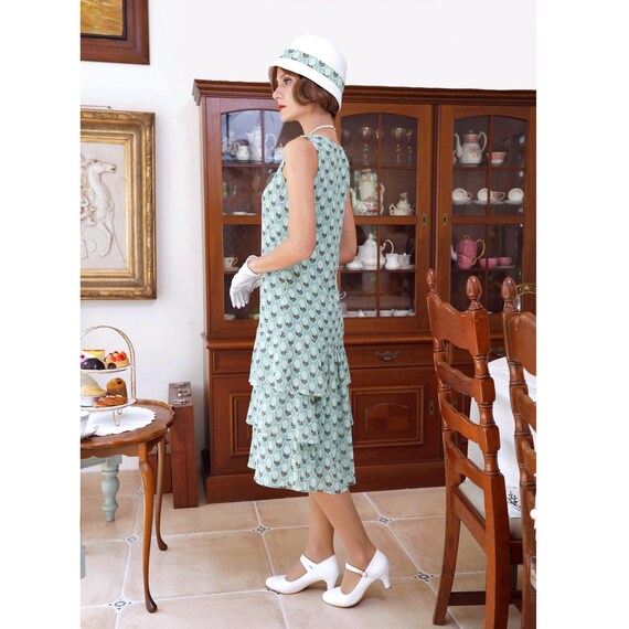 Green 1920s Day Dress With Tiered Skirt, Great Gatsby Summer Dress With  Deco Print, Downton Abbey High Tea Dress, Jazz Age Lawn Party Dress - Etsy