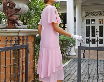 pink 1920s dress Ethel 1920s Evening Maxi Fringe Gown in Blush by Gatsby Lady L / Pink