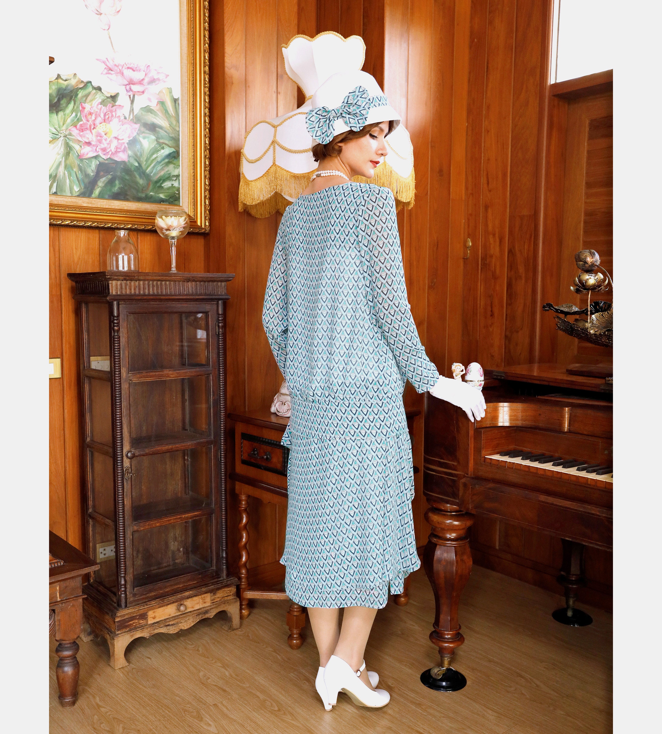 1920s 2-piece Dress in Printed Light Blue Chiffon, Great Gatsby Party ...