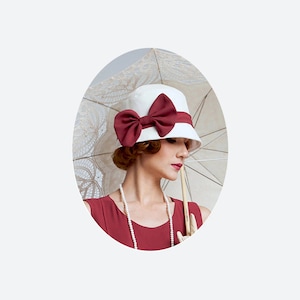 A simple and beautiful cloche hat in off-white cotton and maroon red ribbon, 1920s cloche hat, flapper hat, summer high tea hat