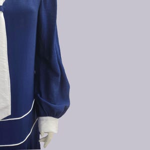 1920s Style Dress Nautical Vibe– Solid Blue Rayon Blend with White Piping, Drop Waist Midi, Long Sleeves & Necktie image 2