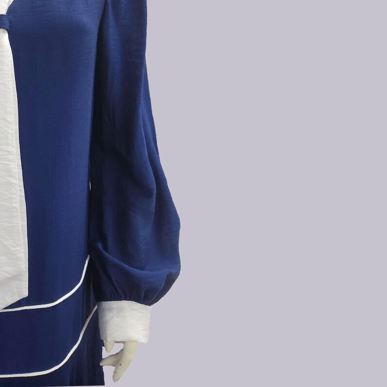 1920s Style Dress Nautical Vibe– Solid Blue Rayon Blend with White Piping, Drop Waist Midi, Long Sleeves & Necktie image 2