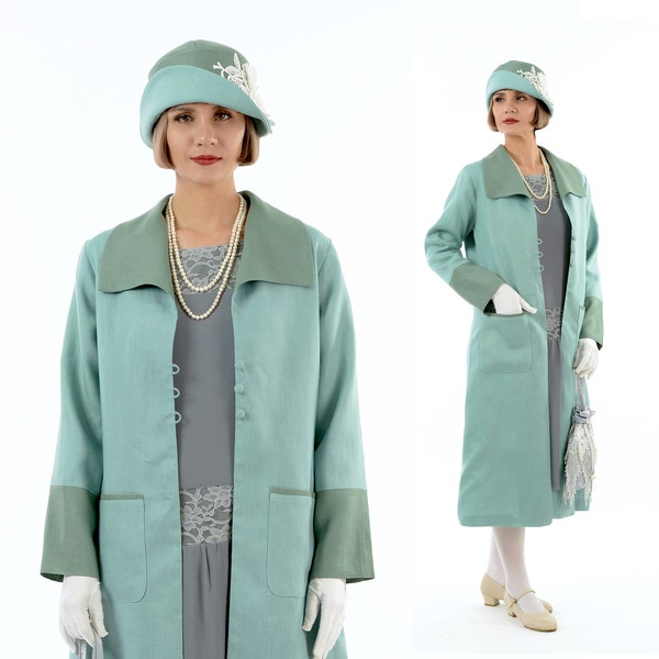 1920s daywear, pastel blue summer linen coat with wing collar, muted green details, Great Gatsby linen day coat, light blue linen jacket