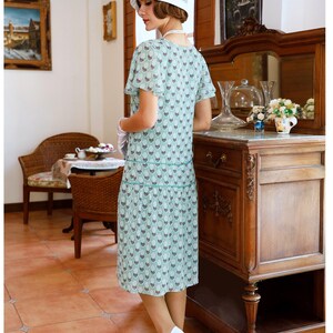 1920s Great Gatsby dress light green, art deco print, flutter sleeve, green 1920s high tea dress, Lady Mary dress, Downton Abbey dress image 3