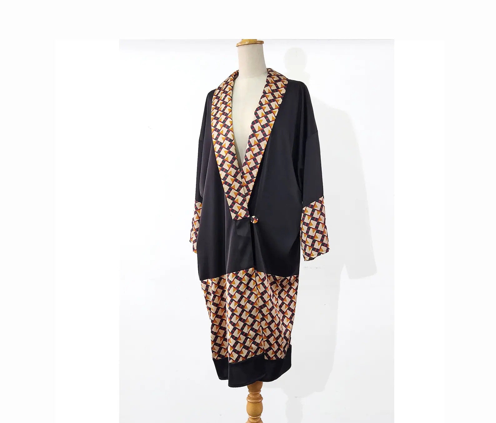 Black Satin Kimono Robe With Brown Print, 1920s Evening Coat, Great ...
