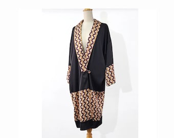 Black satin kimono robe with brown print, 1920s evening coat, Great Gatsby robe, 1920s duster jacket, 1920s loungewear, 1920s formal jacket