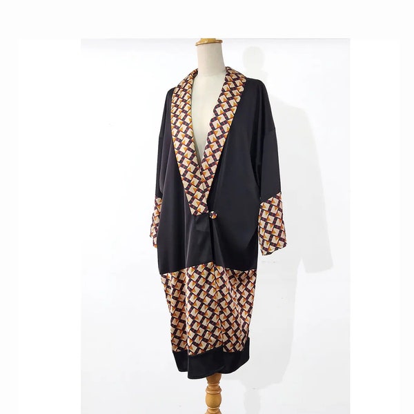 Black satin kimono robe with brown print, 1920s evening coat, Great Gatsby robe, 1920s duster jacket, 1920s loungewear, 1920s formal jacket