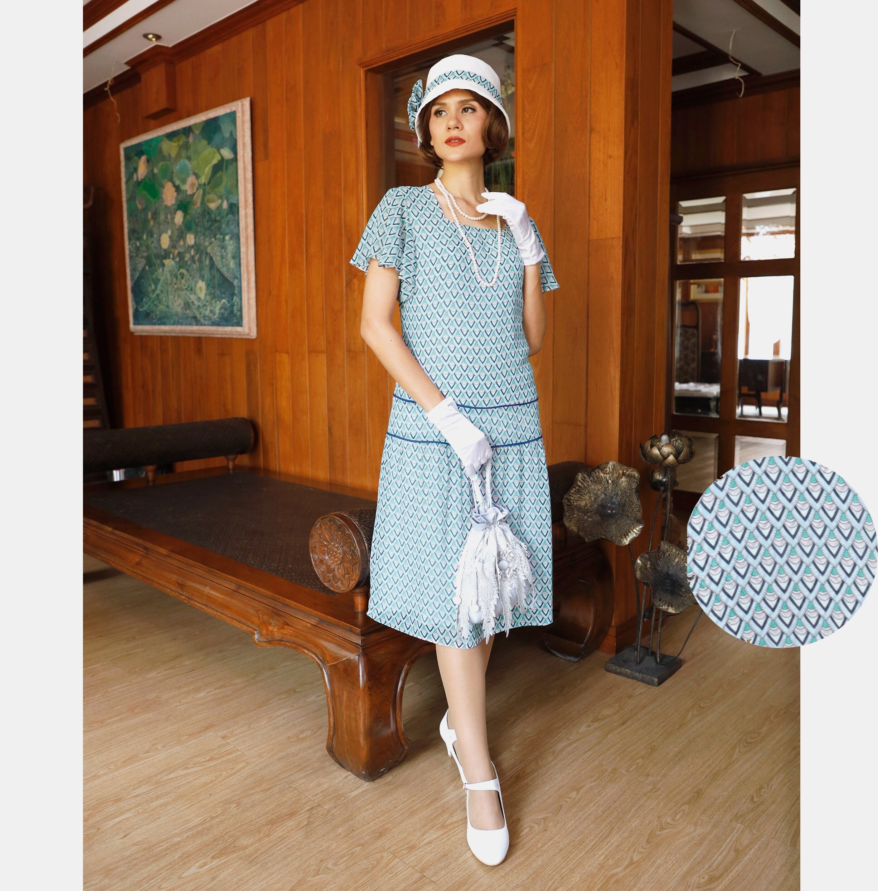 Light Blue Chiffon Dress With Deco Print, Flutter Sleeves, Light