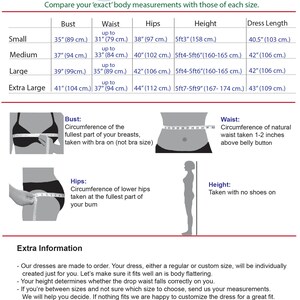Puede incluir: Una tabla de tallas para vestidos con medidas en pulgadas y cent&iacute;metros. La tabla incluye busto, cintura, caderas, altura y largo del vestido. La tabla tambi&eacute;n incluye un diagrama que muestra c&oacute;mo medir cada parte del cuerpo.