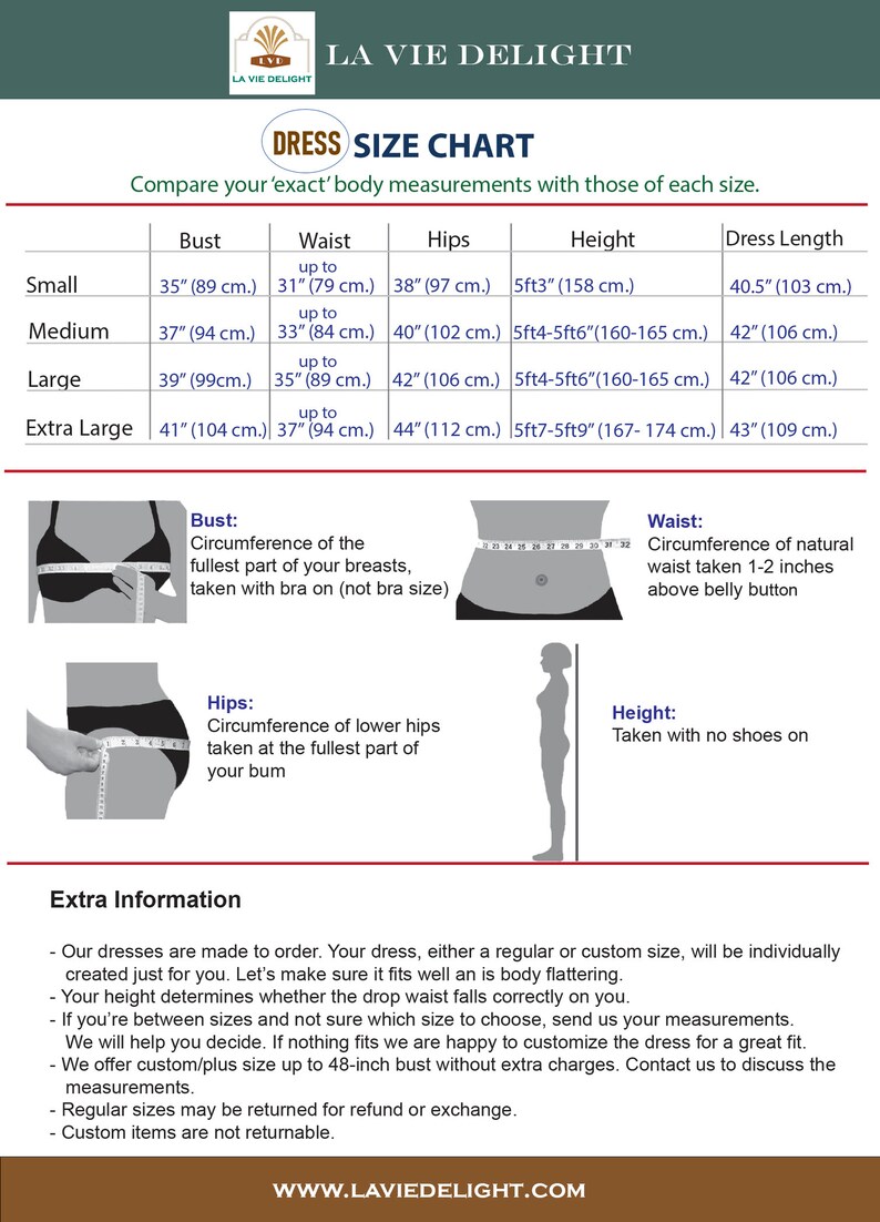 Puede incluir: Una tabla de tallas para vestidos con medidas en pulgadas y cent&iacute;metros. La tabla incluye busto, cintura, caderas, altura y largo del vestido. La tabla tambi&eacute;n incluye un diagrama que muestra c&oacute;mo medir cada parte del cuerpo.