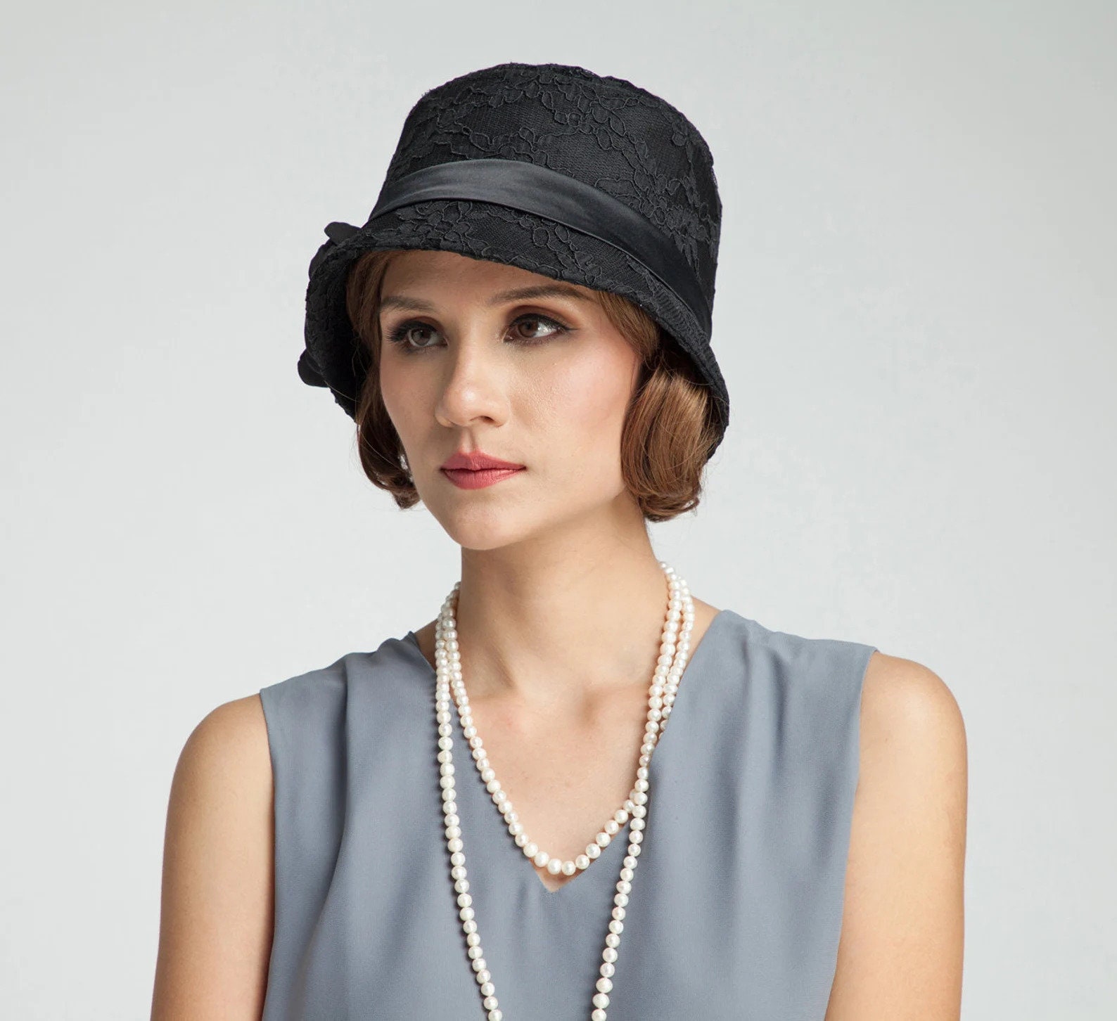 Black Cloche Hat With Cotton and Lace, 1920s Flapper Hat 