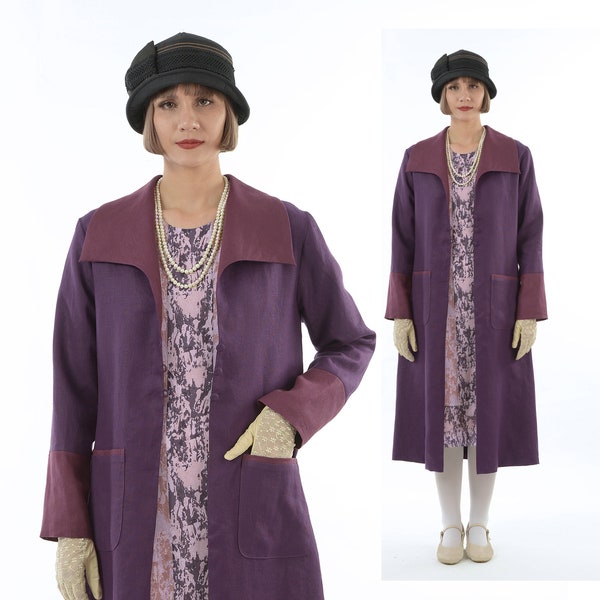 1920s reproduction day coat, 2-toned purple linen coat with wing collar, purple Gatsby linen jacket, 1920s daywear, 1920s summer overcoat