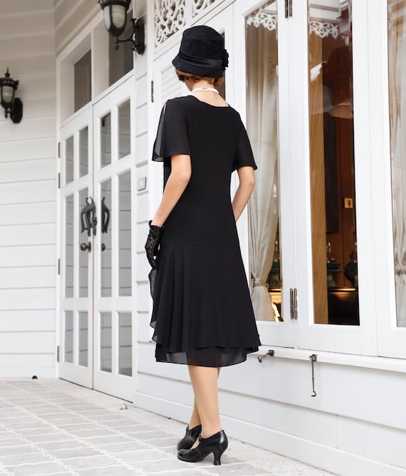 black lace gatsby dress Black chiffon and gold lace Great Gatsby party dress