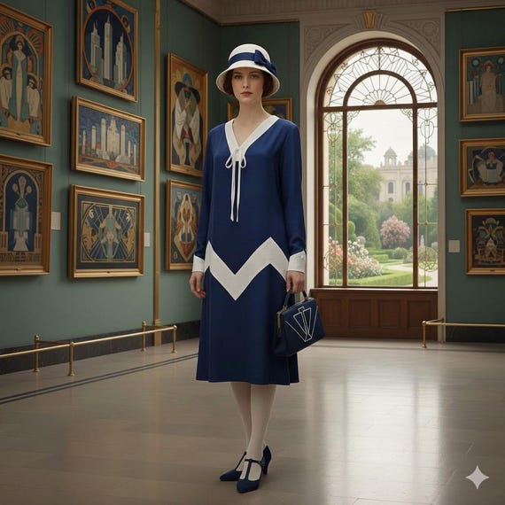 1920s Inspired Art Deco Dress - Dark Blue Rayon Blend with White Zig Zag Drop Waist, Nautical Vintage Style with Sailor Vibe