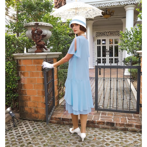 Light blue 1920s Great Gatsby day dress with sweetheart neckline, 1920s flapper dress, Downton Abbey dress, Lady Mary dress, 1920s tea dress