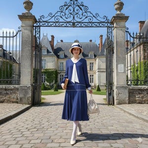 1920s Style Dress Nautical Vibe– Solid Blue Rayon Blend with White Piping, Drop Waist Midi, Long Sleeves & Necktie image 3