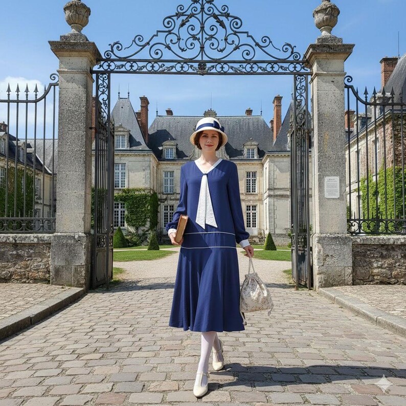 1920s Style Dress Nautical Vibe– Solid Blue Rayon Blend with White Piping, Drop Waist Midi, Long Sleeves & Necktie image 3