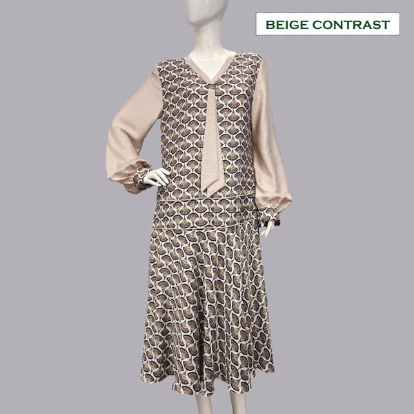 1920s Inspired Drop Waist Dress – Handmade Brown Deco Fan Print with Beige Rayon Contrast, Bias Cut Skirt & Long Sleeves