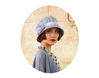 Great Gatsby hat with cotton and lace, grey cloche hat, lace Downton Abbey hat, high tea hat, flapper hat, summer cloche hat, 1920s cloche