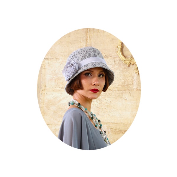 Grand chapeau Gatsby en coton et dentelle, chapeau cloche gris, chapeau Downton Abbey en dentelle, chapeau haut de gamme, chapeau clapet, chapeau cloche d'été, cloche des années 1920