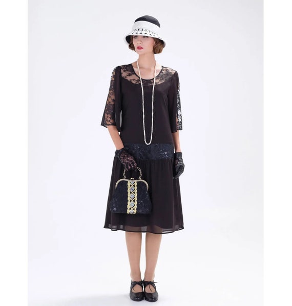 Black 1920s Chiffon and Lace Dress, Elbow-length Sleeves, 1920s Flapper  Dress, Great Gatsby Dress, Black Flapper Costume, Roaring 20s Dress - Etsy