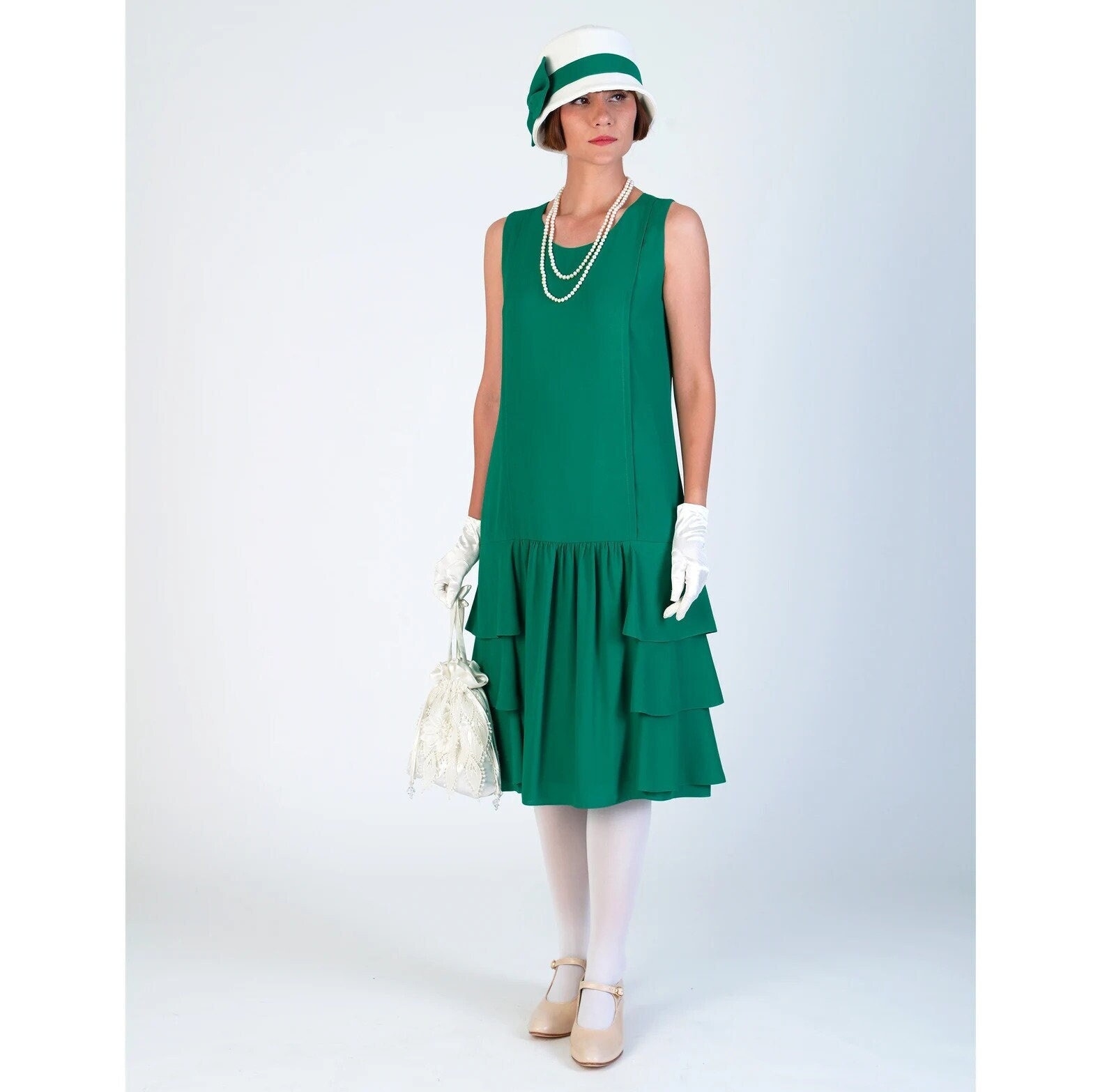 green 1920s dress Green roaring 20s satin party dress with handkerchief skirt main image 0