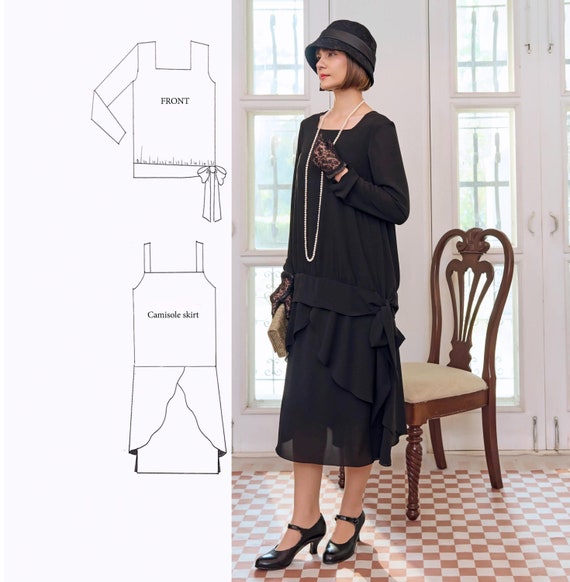 1920s two-piece dress with Black chiffon, long sleeve Black Great Gatsby dress, Black flapper dress, Black 1920s day dress, Lady Mary dress