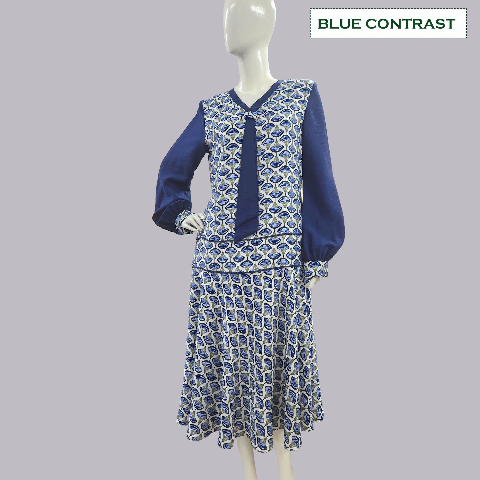 Blue Fan Print 1920s Dress - Art Deco Rayon Blend, Drop Waist with Long Sleeves