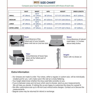 May include: Dress size chart from La Vie Delight, with bust, waist, hips, height, and dress length measurements in inches and centimeters. Includes diagrams for bust, waist, and hip measurements, and extra information about custom orders.