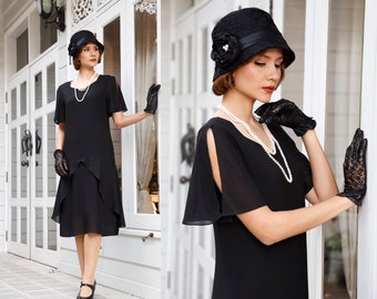 Black 1920s dress with sweetheart neck, Great Gatsby dress, black flapper dress, Downton Abbey dress, Lady Mary dress, Laviedelight dress