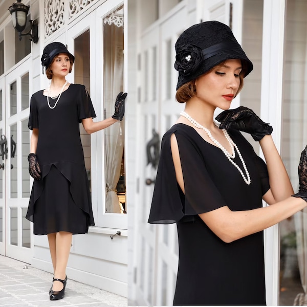 Robe noire des années 1920 avec décolleté en cœur, robe Great Gatsby, robe flapper noire, robe Downton Abbey, Robe Charleston, Robe d'été 20