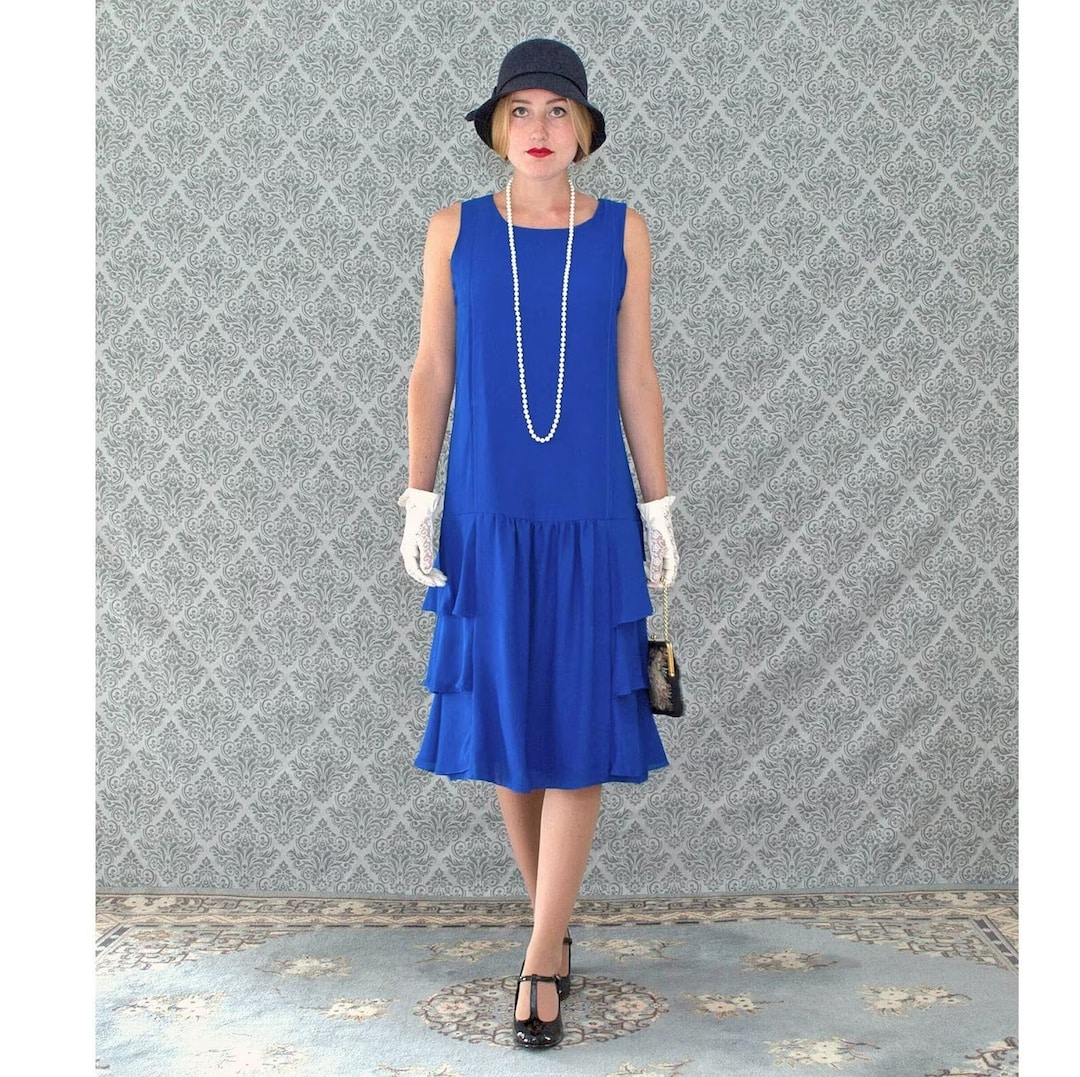 1920s Great Gatsby Day Dress In Sapphire Blue With Tiered Skirt Blue 1920s-great-gatsby-day-dress-in-sapphire-blue-with-tiered-skirt-blue