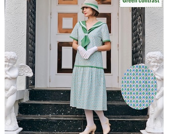 Printed green cotton dress with a sailor collar, 1920s day dress, green sailor dress, cotton nautical dress, Great Gatsby day dress