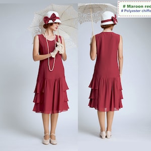 Une adorable robe crème inspirée des années 1920 avec une jupe à volants, mode des années folles, robe Great Gatsby, robe Downton Abbey... Maroon red