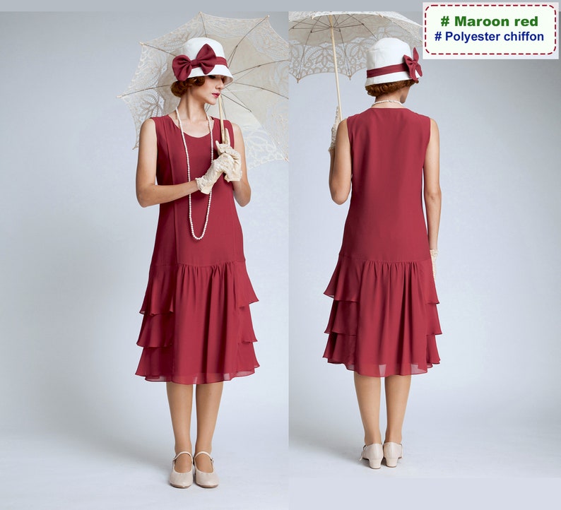 Une adorable robe crème inspirée des années 1920 avec une jupe à volants, mode des années folles, robe Great Gatsby, robe Downton Abbey... Maroon red