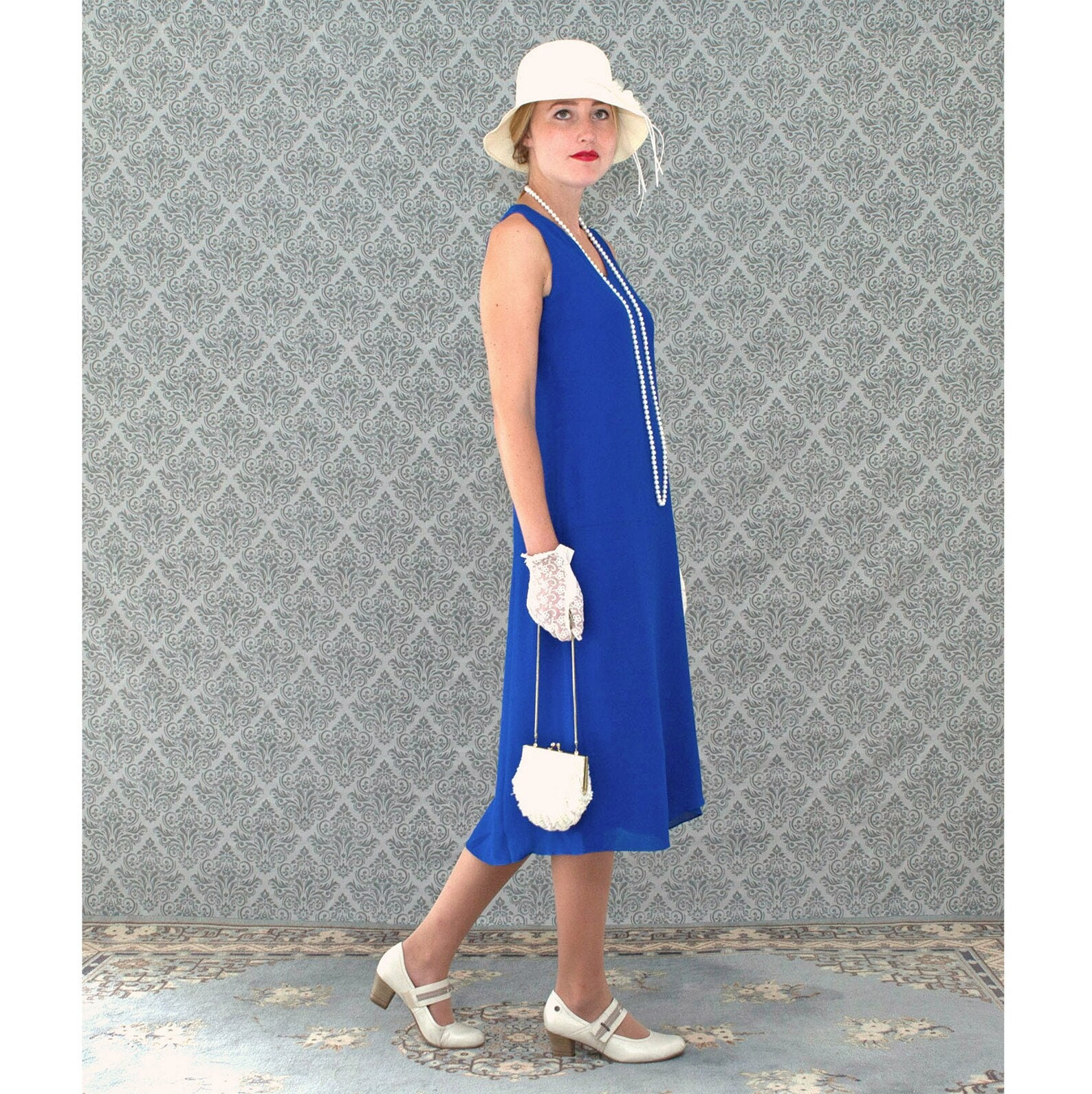 Sapphire blue 1920s Great Gatsby day dress with drape and bow on the skirt, blue flapper dress, Roaring 20s fashion, Downton Abbey day dress