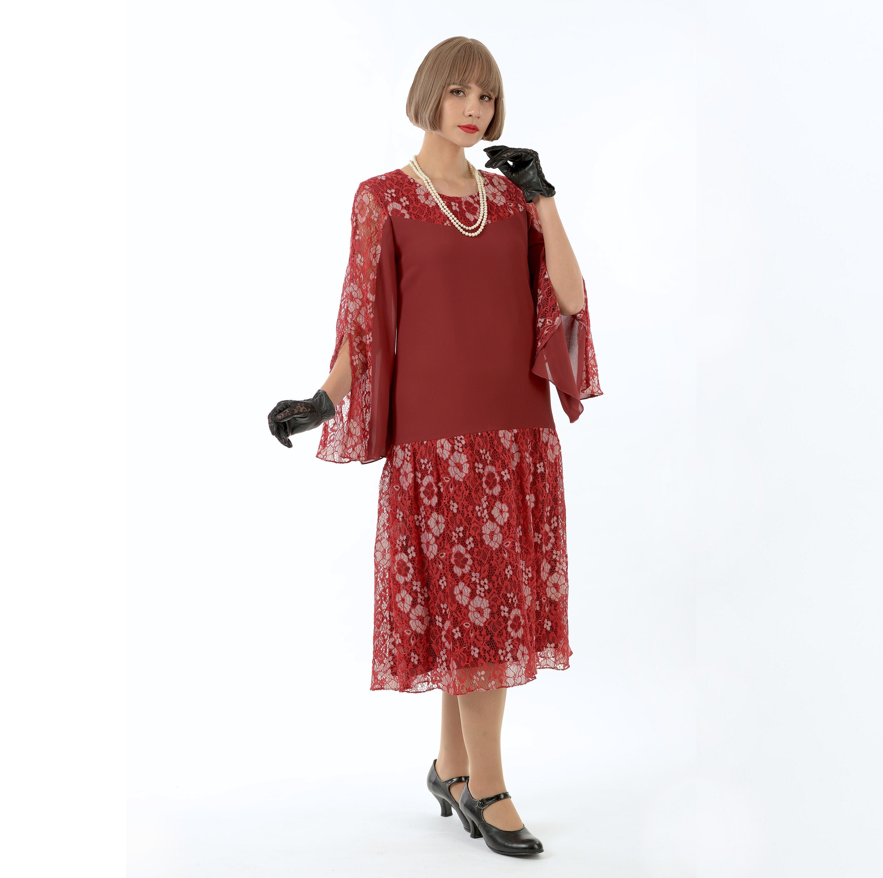 1920 burgundy dress Women Plus Size Elegant V-neck Split Aline Ham Chiffon Bridesmaid Dres   DolphinBanana