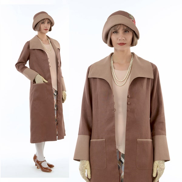 2-toned brown linen coat with wing collar, single breasted 1920s day coat, brown Gatsby linen jacket, 1920s daywear, 1920s summer overcoat
