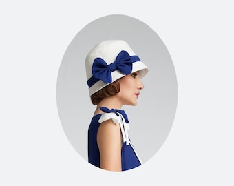 1920s cloche hat with off-white cotton and dark blue chiffon ribbon, Downton Abbey hat, 1920s tea hat, flapper hat, Great Gatsby hat